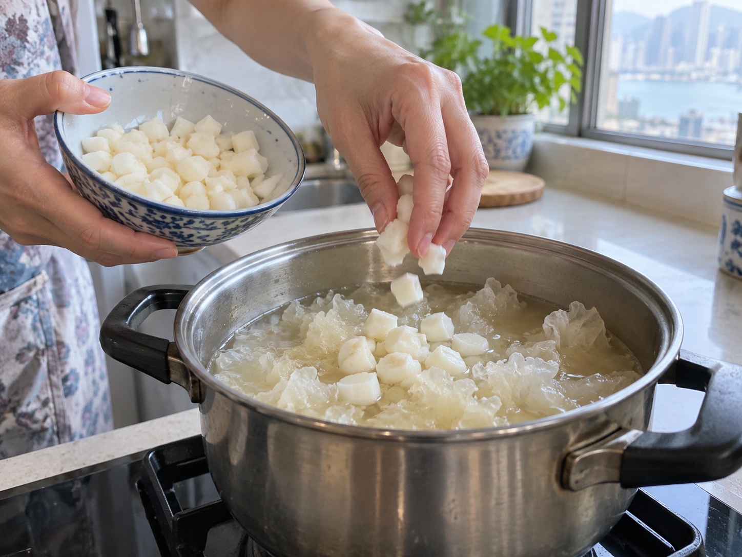 Cantonese Matamis na Sabaw ng Water Chestnut at Snow Fungus — Idagdag ang chestnut