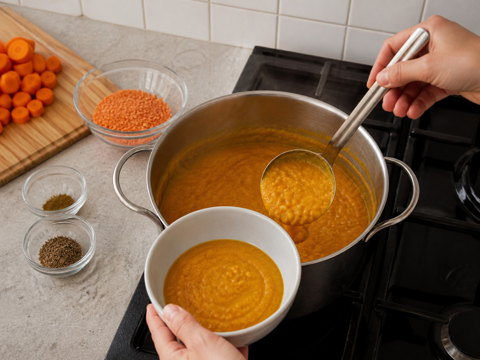 Sup Wortel Lentil Merah dan Jintan: Wortel dan lentil merah dimasak bersama jintan sampai lunak lalu diblender menjadi sup jingga halus dan kental alami untuk enam porsi.