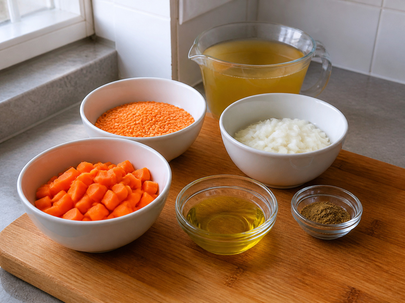 Carrot, Red Lentil and Cumin Soup: 700 g carrot, 220 g red lentils, 1 piece onion, 2 tsp ground cumin, 1200 ml vegetable stock, 2 tbsp olive oil