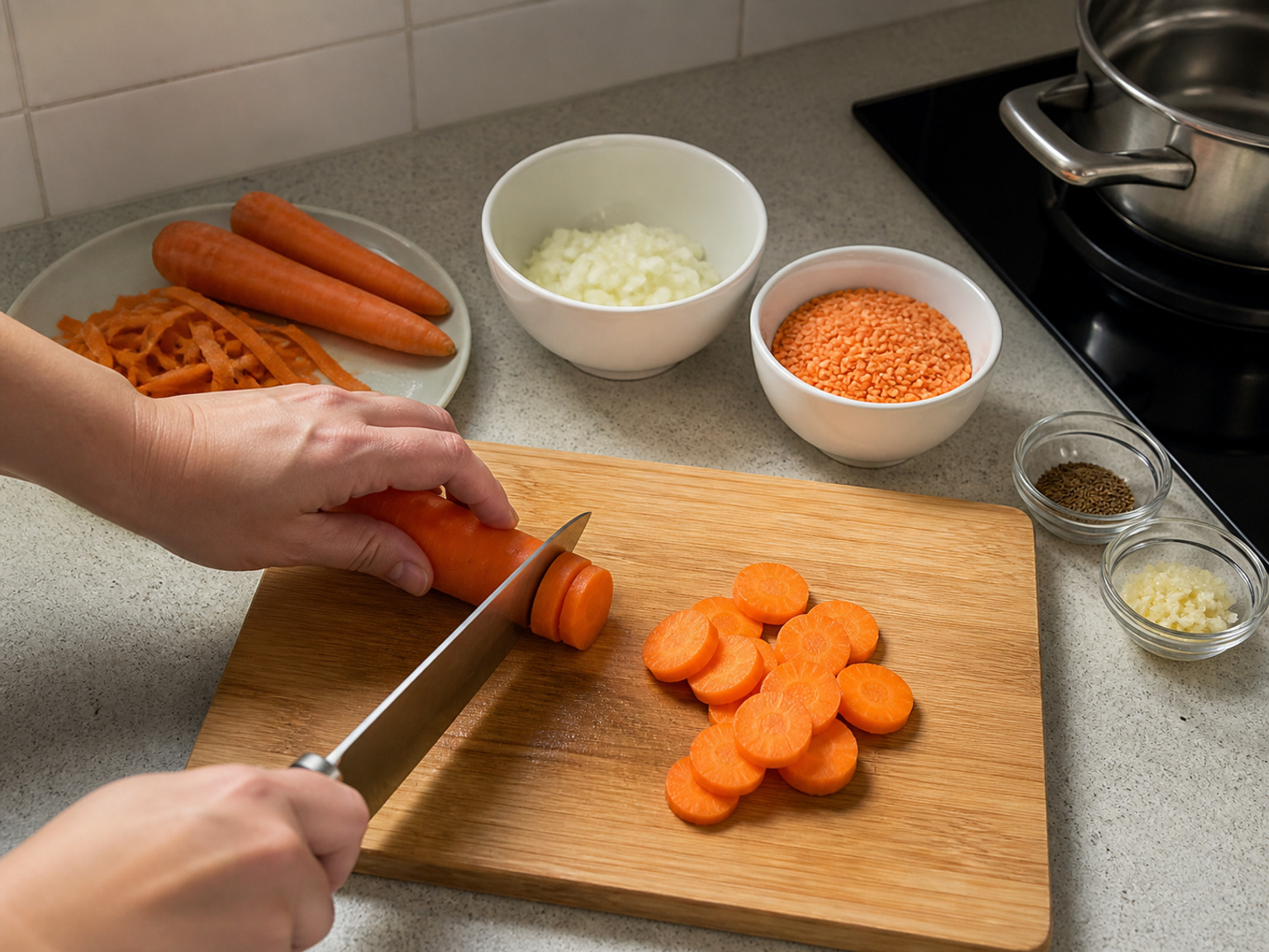 Peel and slice the carrots: Peel all 700 g carrots and slice them into even 1 cm rounds so they soften together.