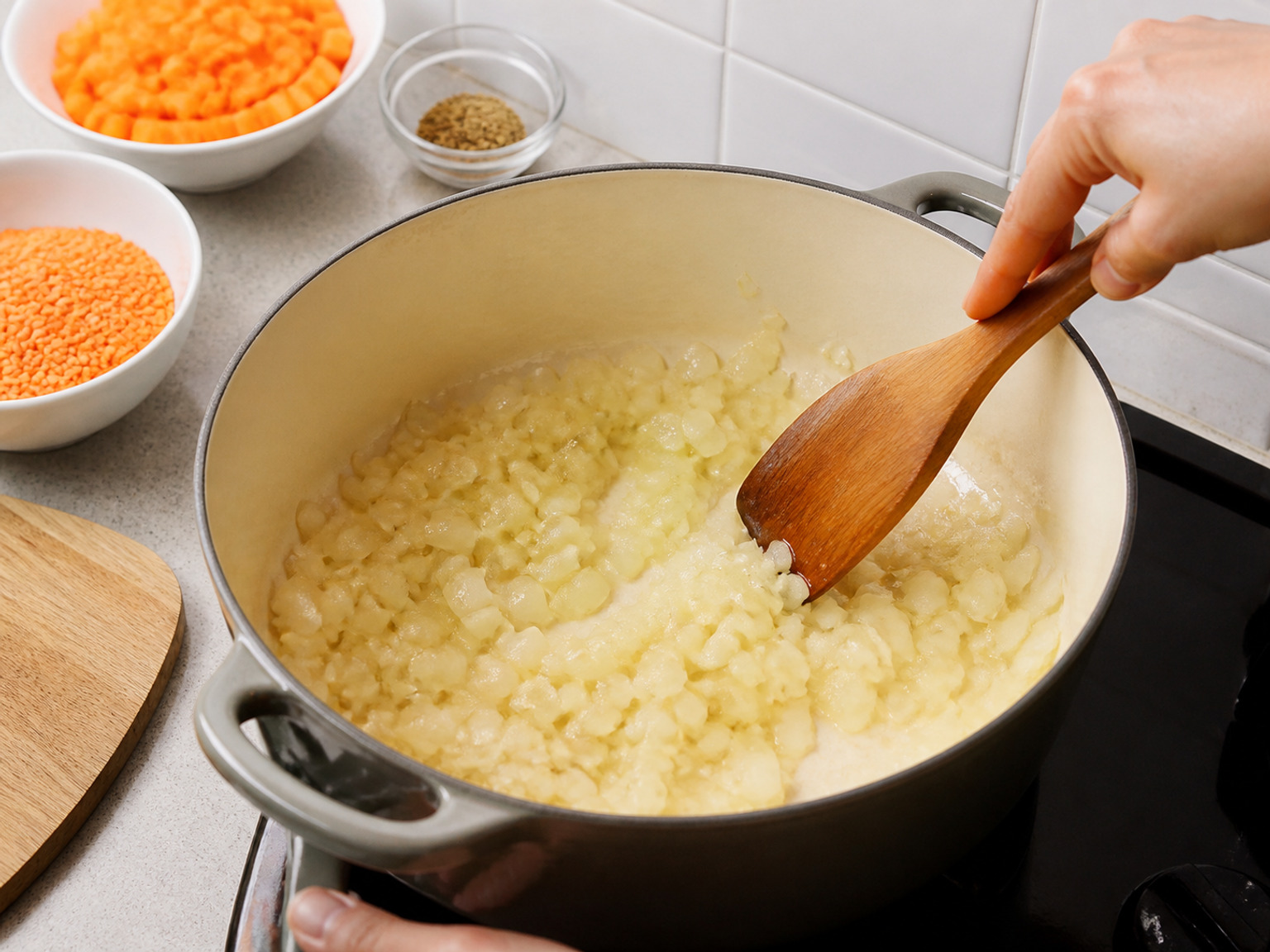 Soften the onion: Add the diced onion and cook over medium-low heat for 5 minutes, stirring every minute, until translucent without browning.