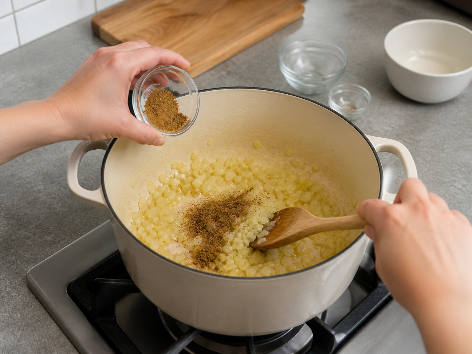 Bloom the ground cumin: Add all 2 teaspoons ground cumin and stir over low heat for exactly 1 minute until fragrant but not dark.