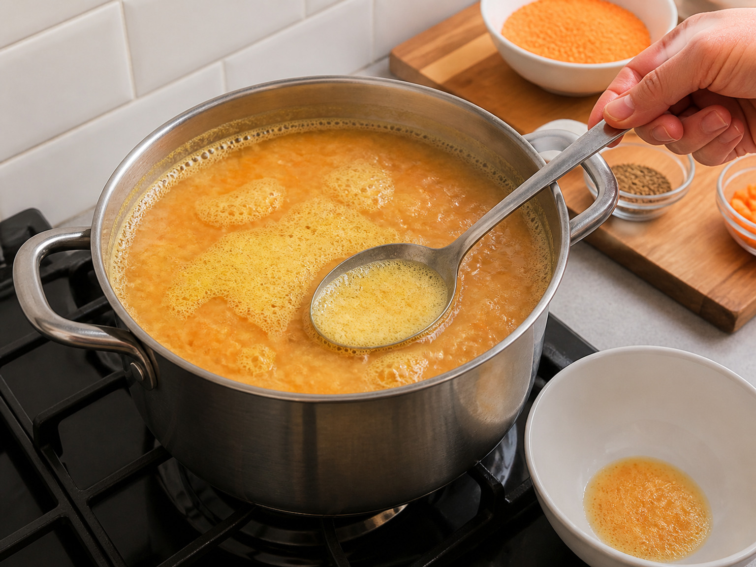 Bring to a boil and skim: Raise to high heat until the soup boils, skim away surface foam, and immediately reduce to a steady low simmer.