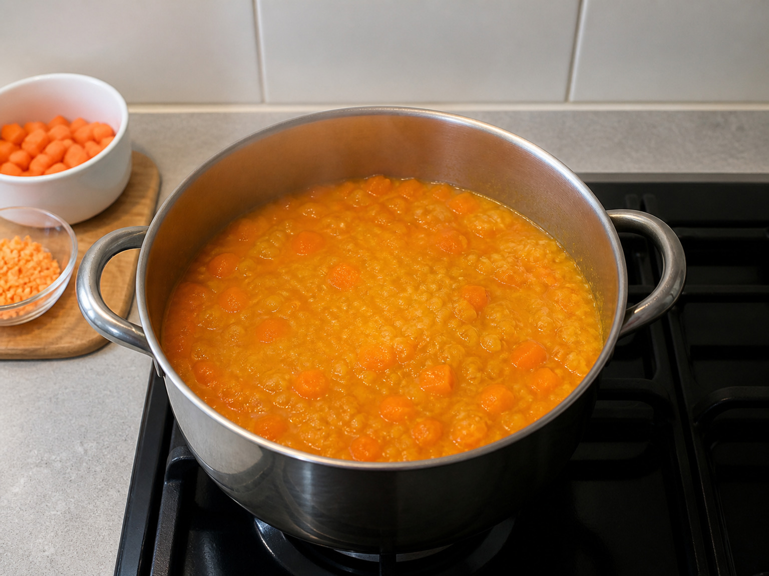 Simmer until completely soft: Cover slightly ajar and simmer over low heat for 25 minutes, stirring every 5 minutes, until carrots crush easily and lentils have broken down.