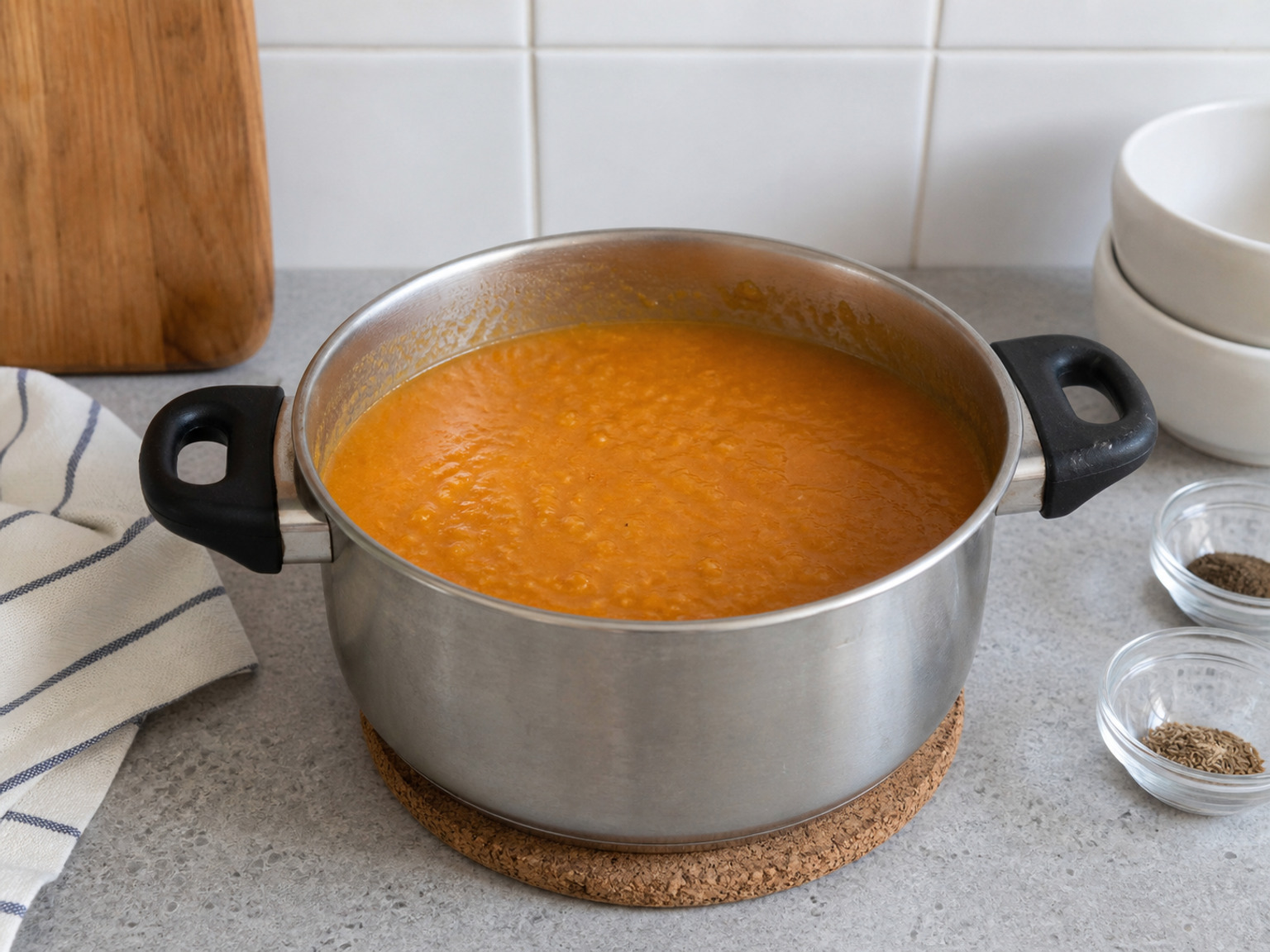Cool briefly before blending: Remove the pot from the heat, uncover it, and cool the soup for 10 minutes until vigorous steam has subsided.