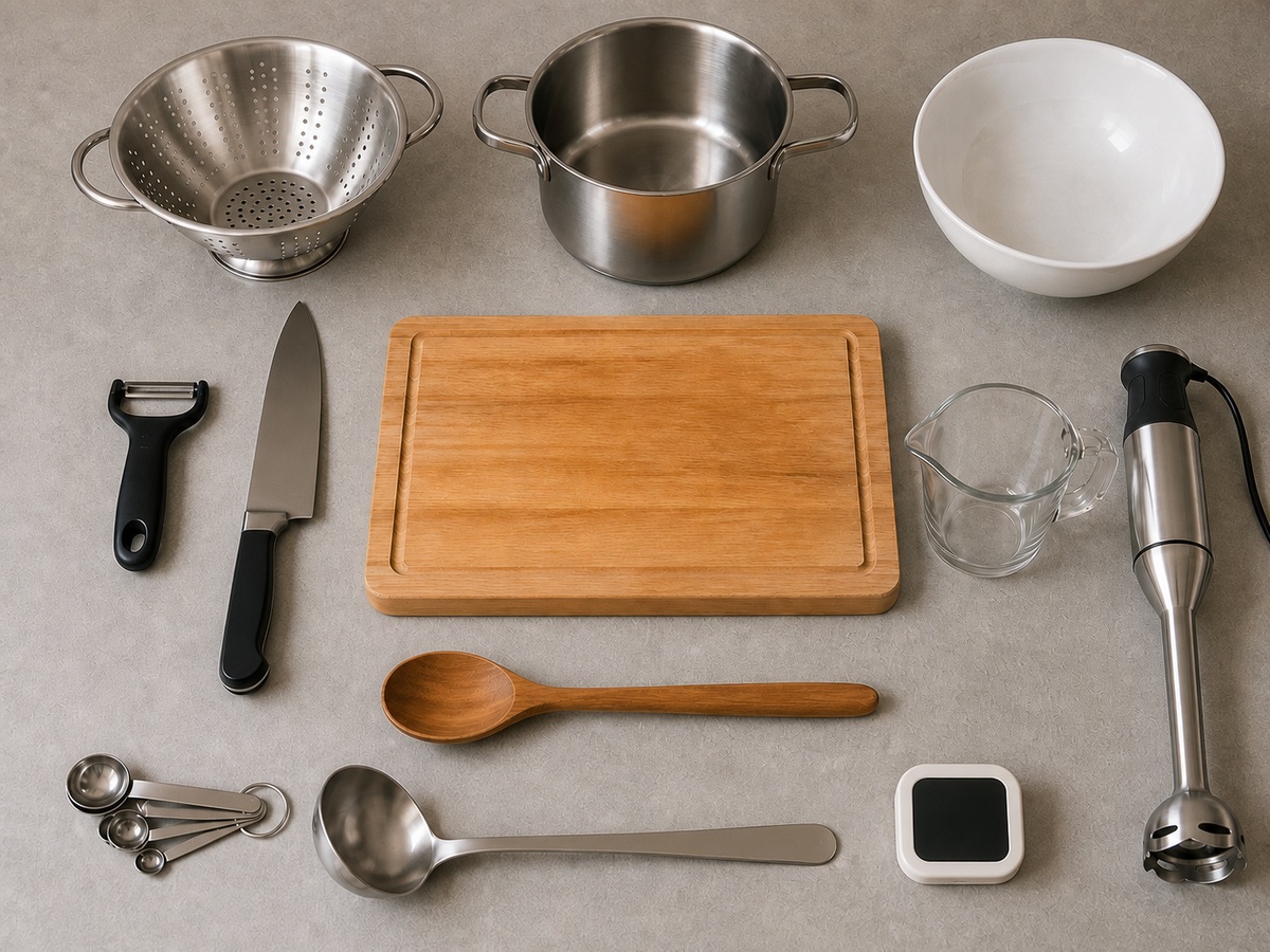 Carrot, Red Lentil and Cumin Soup: colander, vegetable peeler, knife, cutting board, pot, wooden spoon, ladle, immersion blender, measuring cup, measuring spoons, serving bowl, timer
