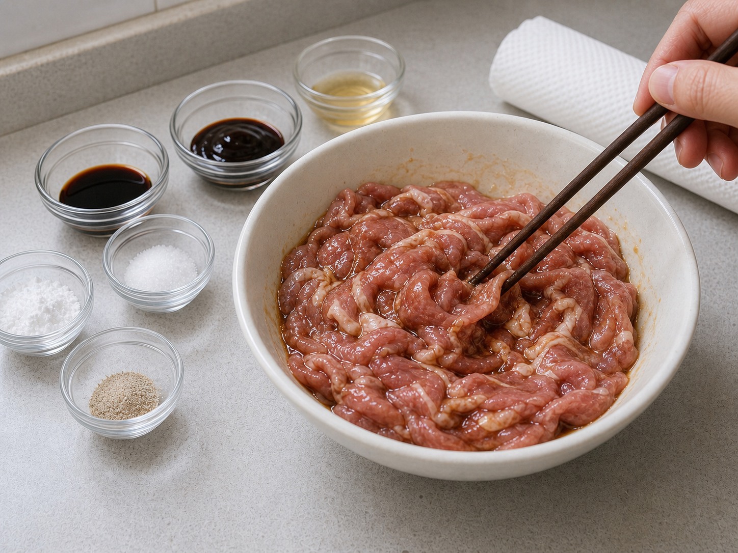 椰菜花炒肉片:醃肉片