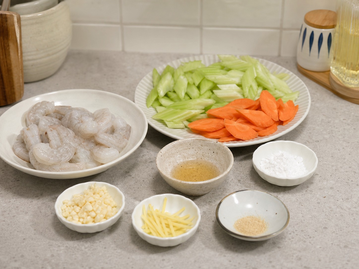 西芹炒蝦仁:準備材料