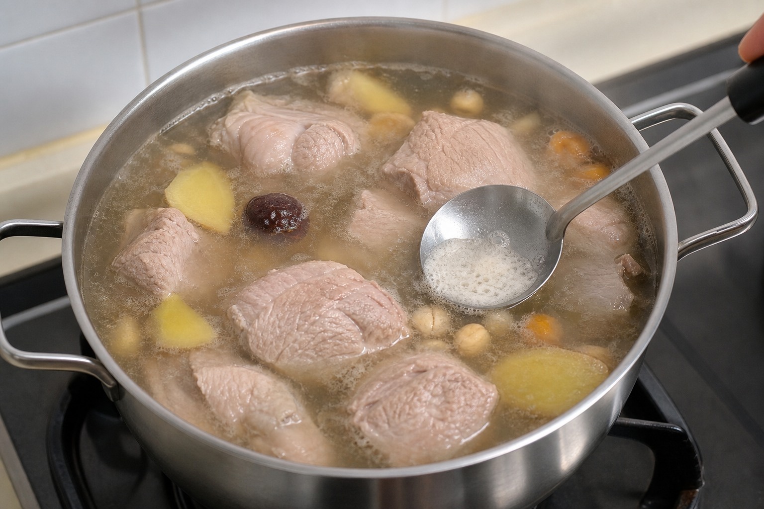 合掌瓜紅蘿蔔豬展湯:先煲肉湯底