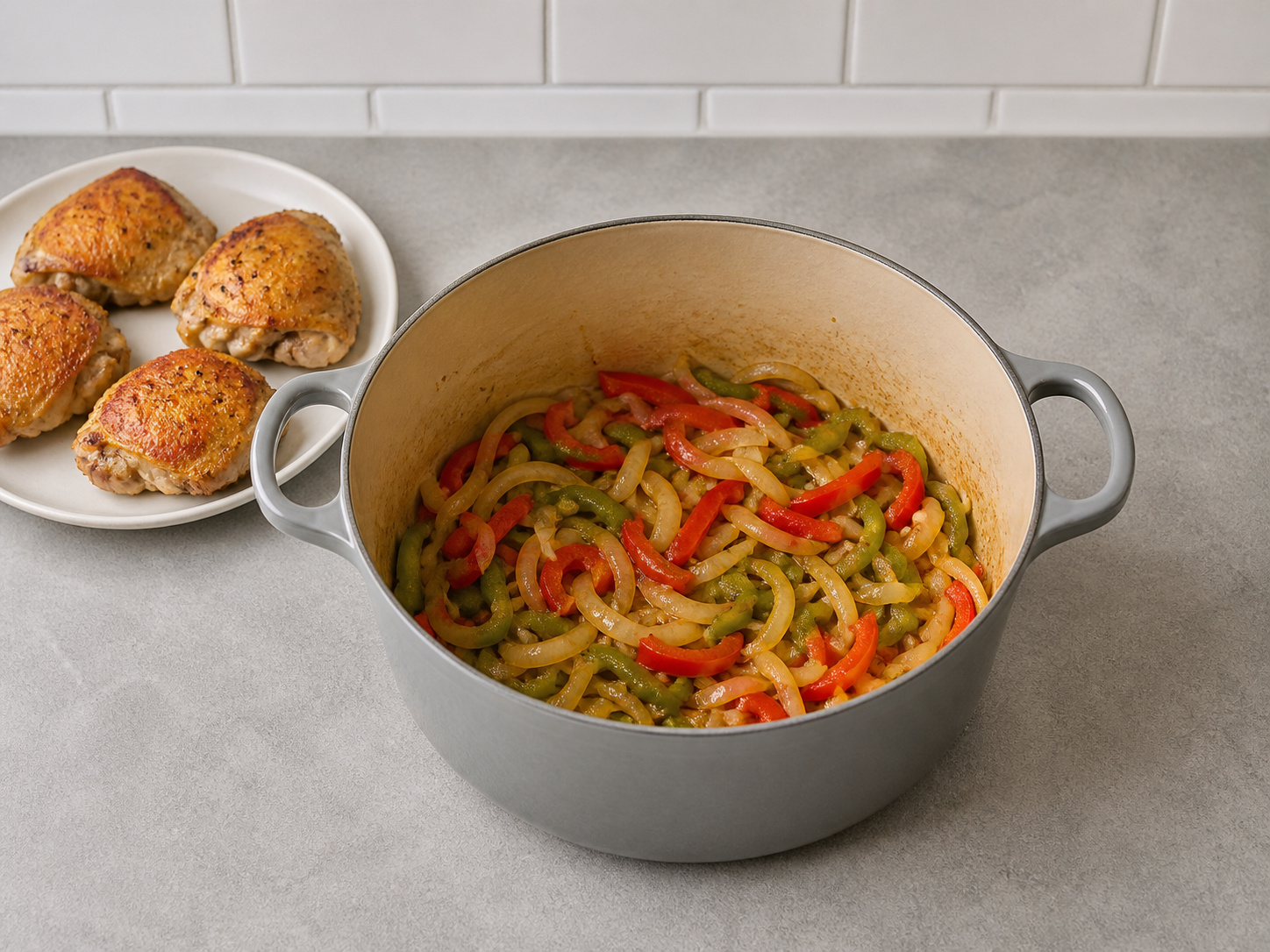 意式甜椒蘑菇獵人燴雞 — 炒軟洋蔥甜椒