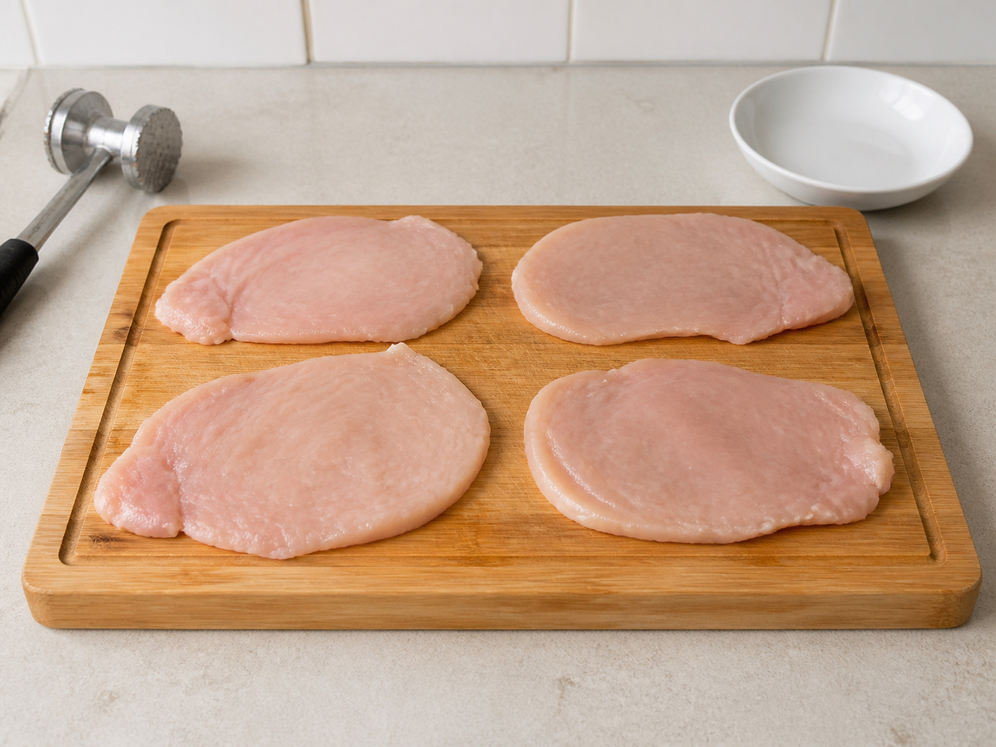 Chicken Schnitzel with Warm Potato Salad: Flatten the chicken