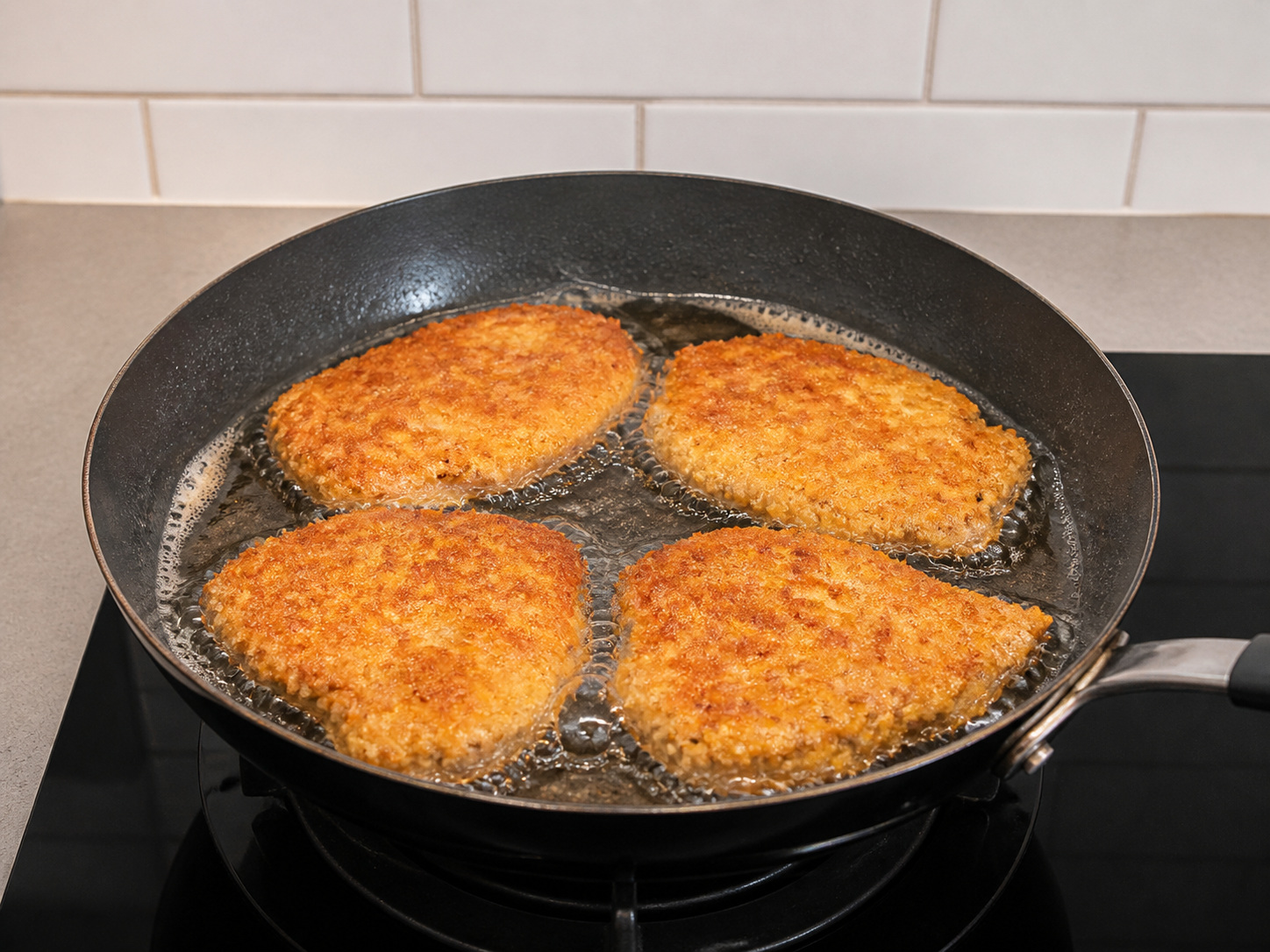 Chicken Schnitzel with Warm Potato Salad: Fry the first side