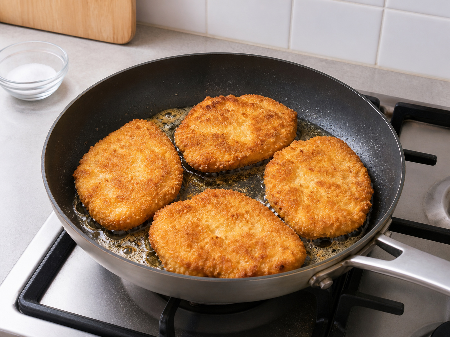 Chicken Schnitzel with Warm Potato Salad: Turn and cook through