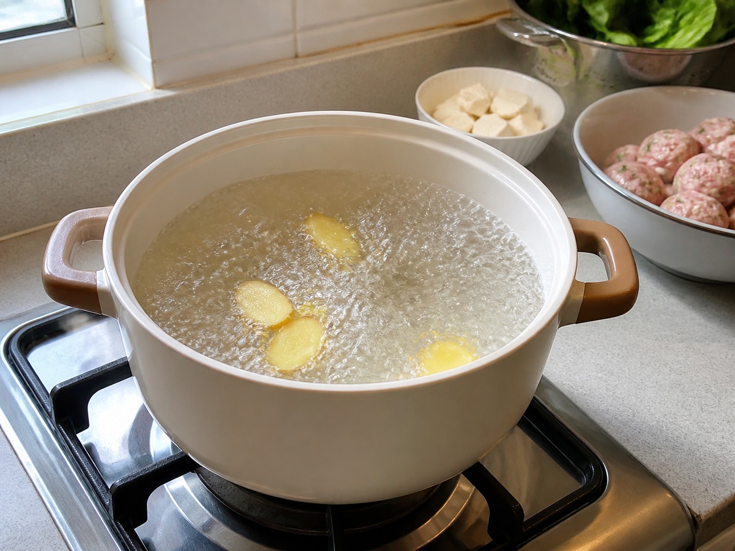 Chicken-Tofu Meatball Vegetable Soup — Boil the ginger water