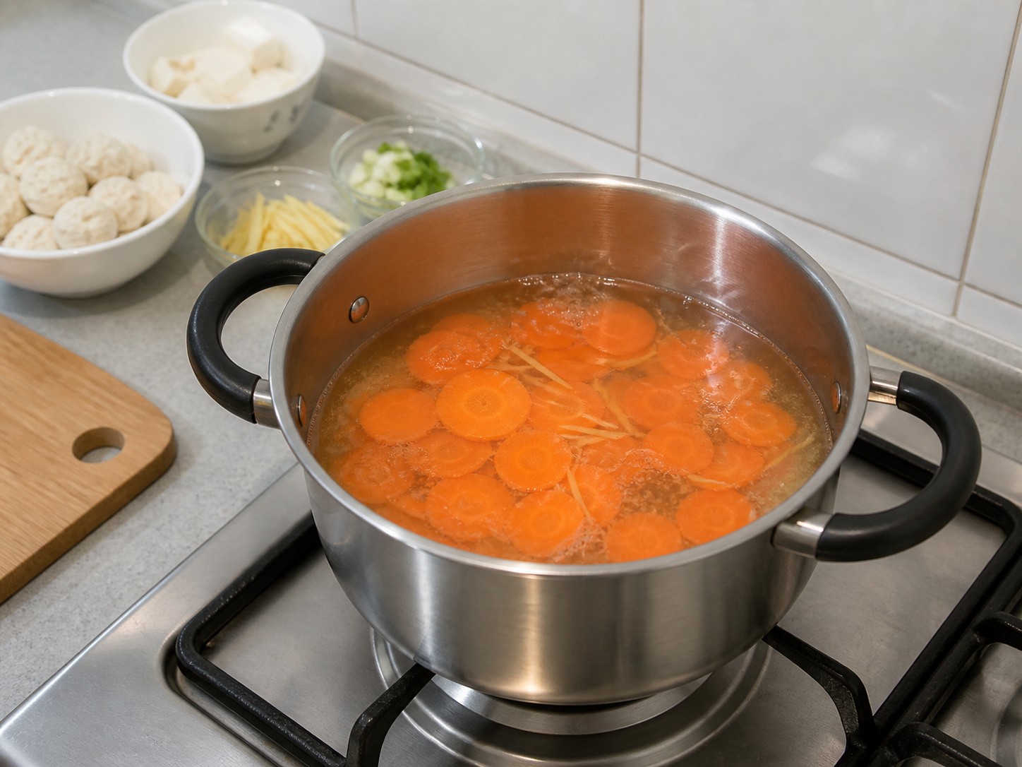 Chicken-Tofu Meatball Vegetable Soup — Simmer the carrot