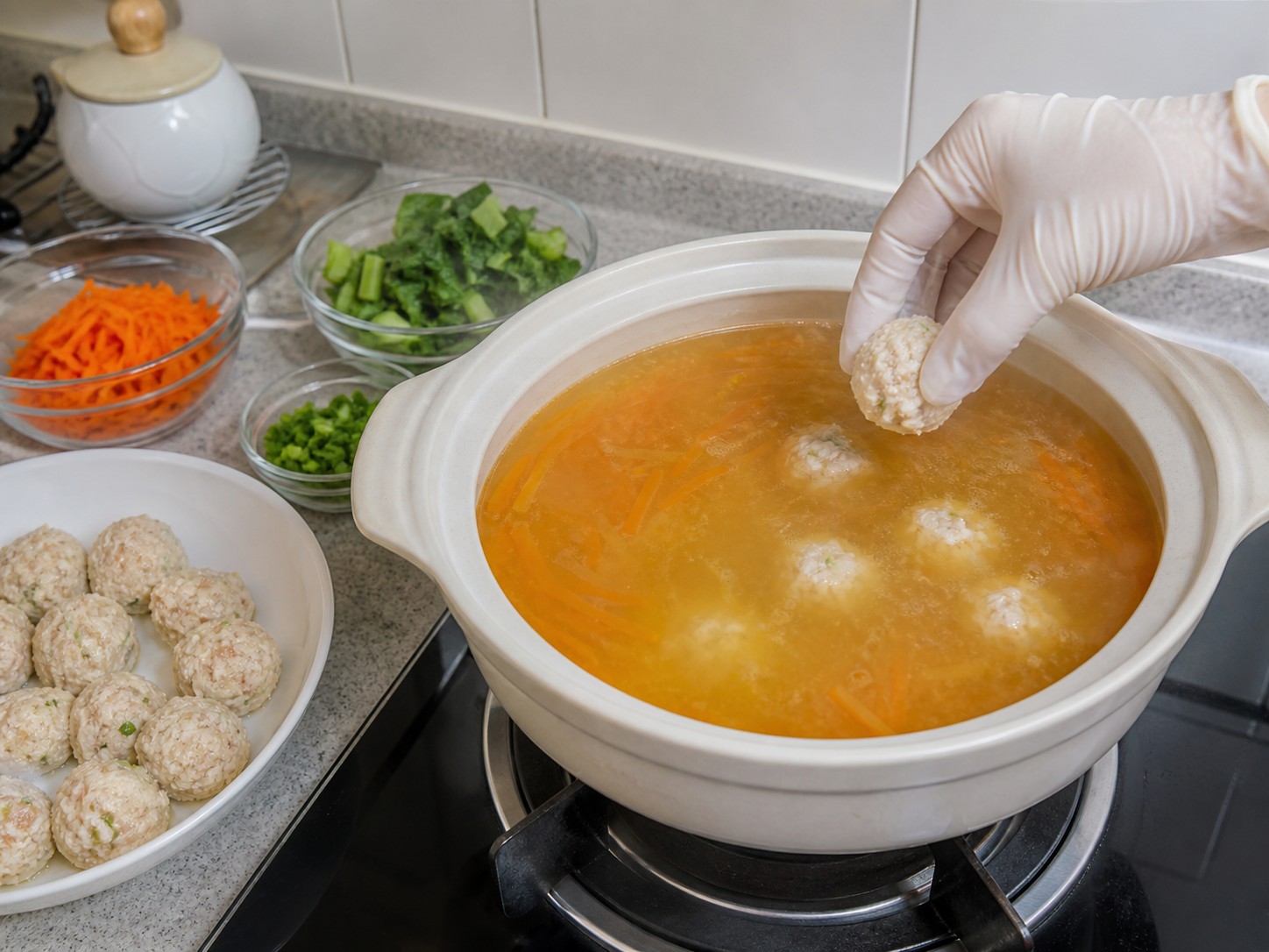 Chicken-Tofu Meatball Vegetable Soup — Shape and add meatballs