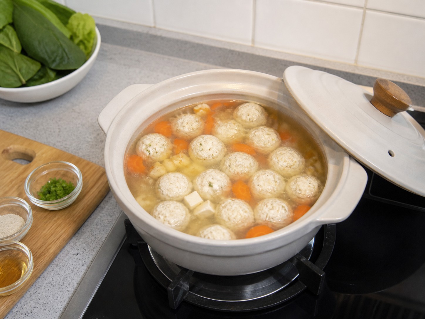 Chicken-Tofu Meatball Vegetable Soup — Simmer meatballs for 8 minutes