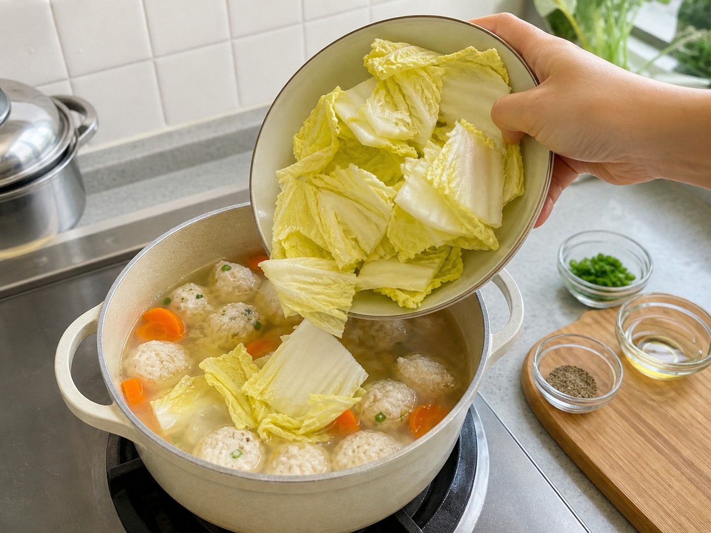 Chicken-Tofu Meatball Vegetable Soup — Add napa cabbage