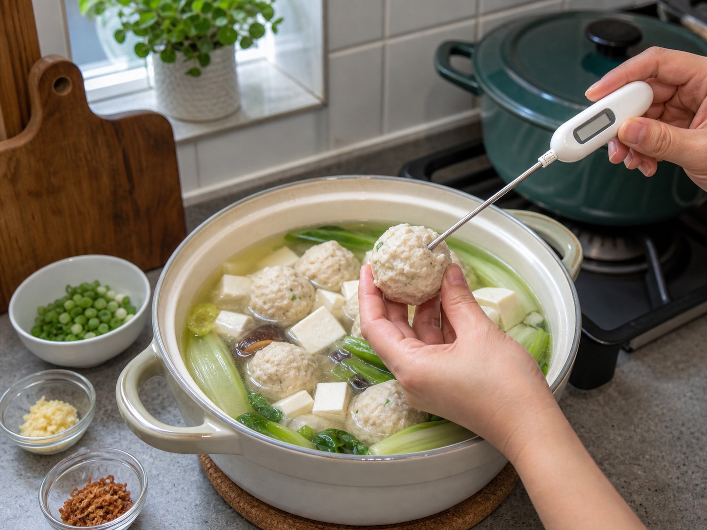 Chicken-Tofu Meatball Vegetable Soup — Check doneness and season