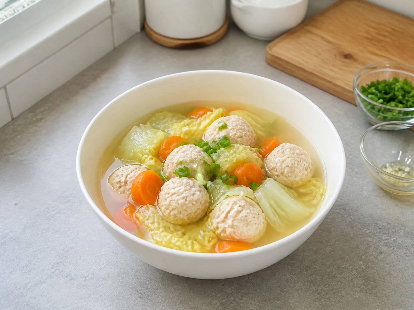 Chicken-Tofu Meatball Vegetable Soup — Garnish and serve
