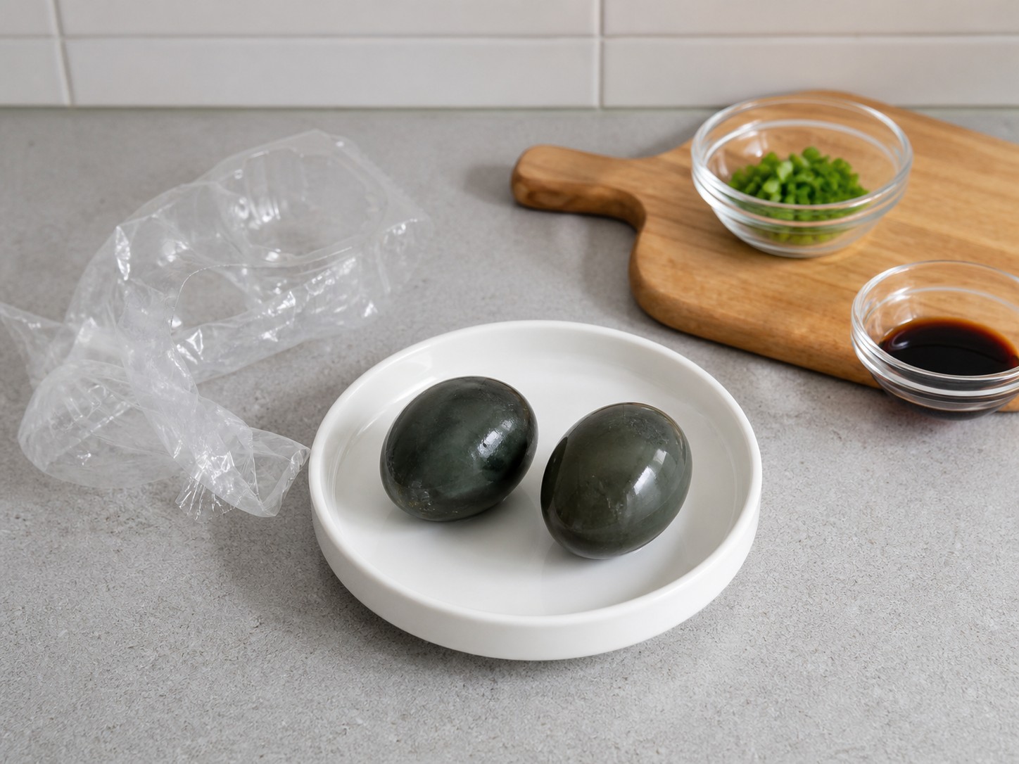 Tahu Sutra Dingin dengan Telur Pitan — langkah 1: Periksa telur siap makan