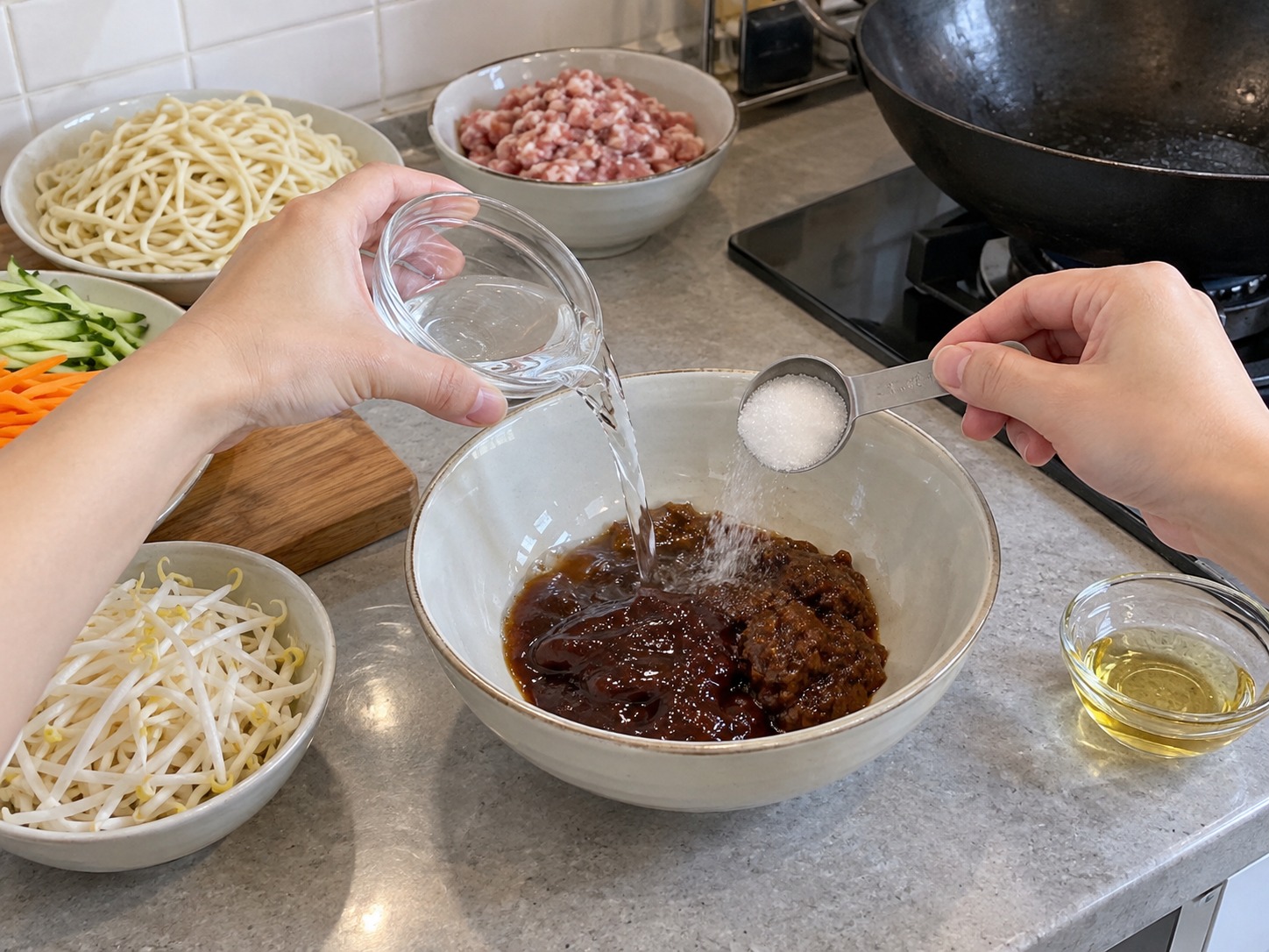 北京炸醬麵 — 甜麵醬、黃豆醬、糖和清水拌勻
