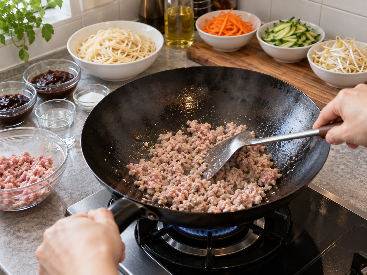 北京炸醬麵 — 鑊下油以中火炒散免治豬肉