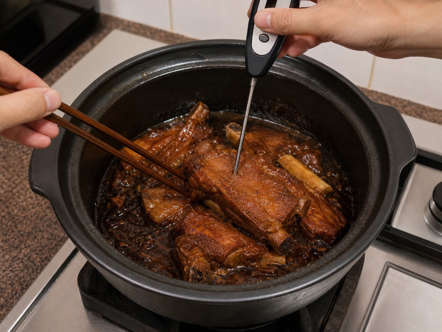 鎮江黑醋骨：檢查熟度