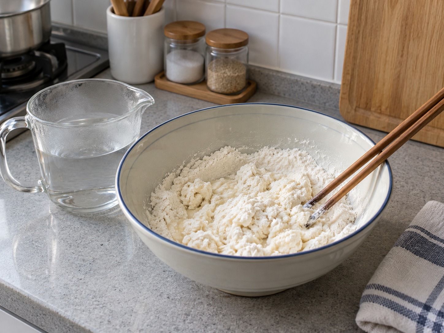Chinese Chive and Egg Pockets — Put flour in a bowl; add hot water gradually and stir with chopsticks into flakes