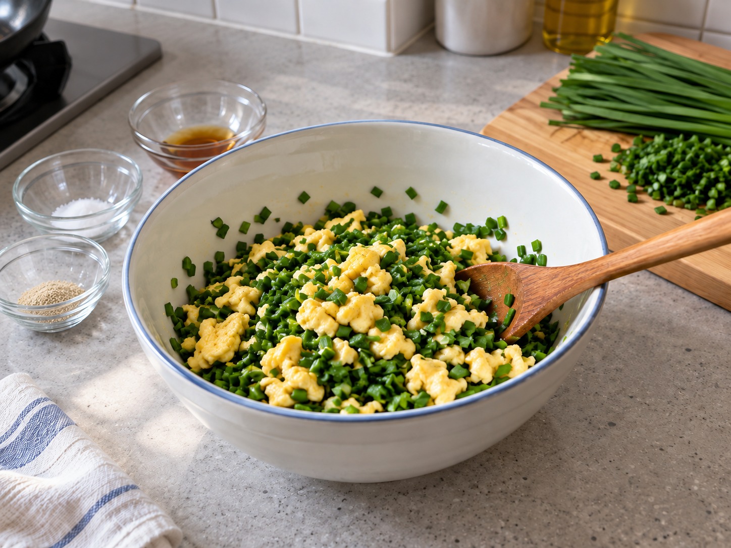 Chinese Chive and Egg Pockets — Cool eggs, then mix with chives, salt, sesame oil and pepper