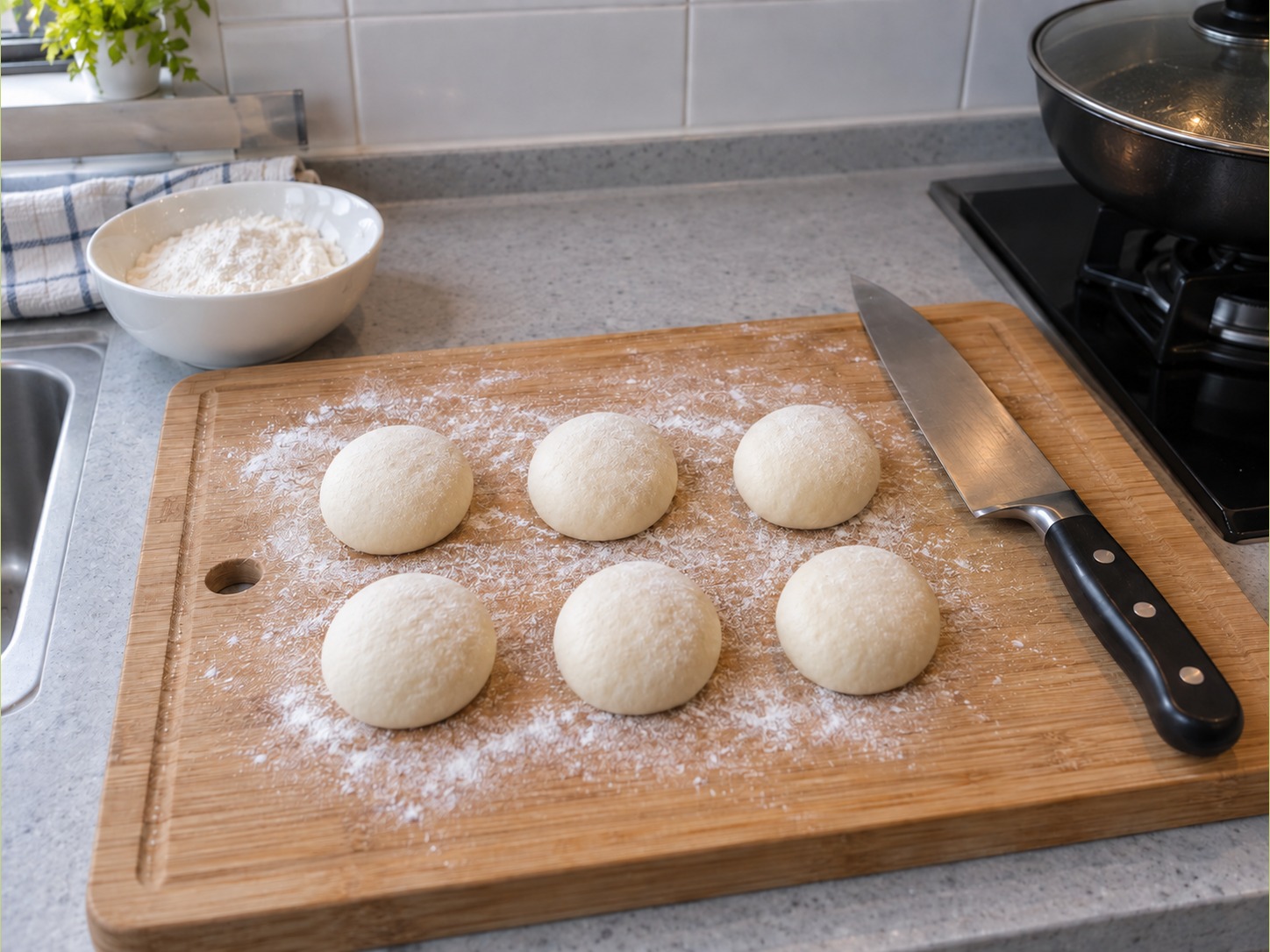 Chinese Chive and Egg Pockets — Divide dough into six and lightly flour the worktop