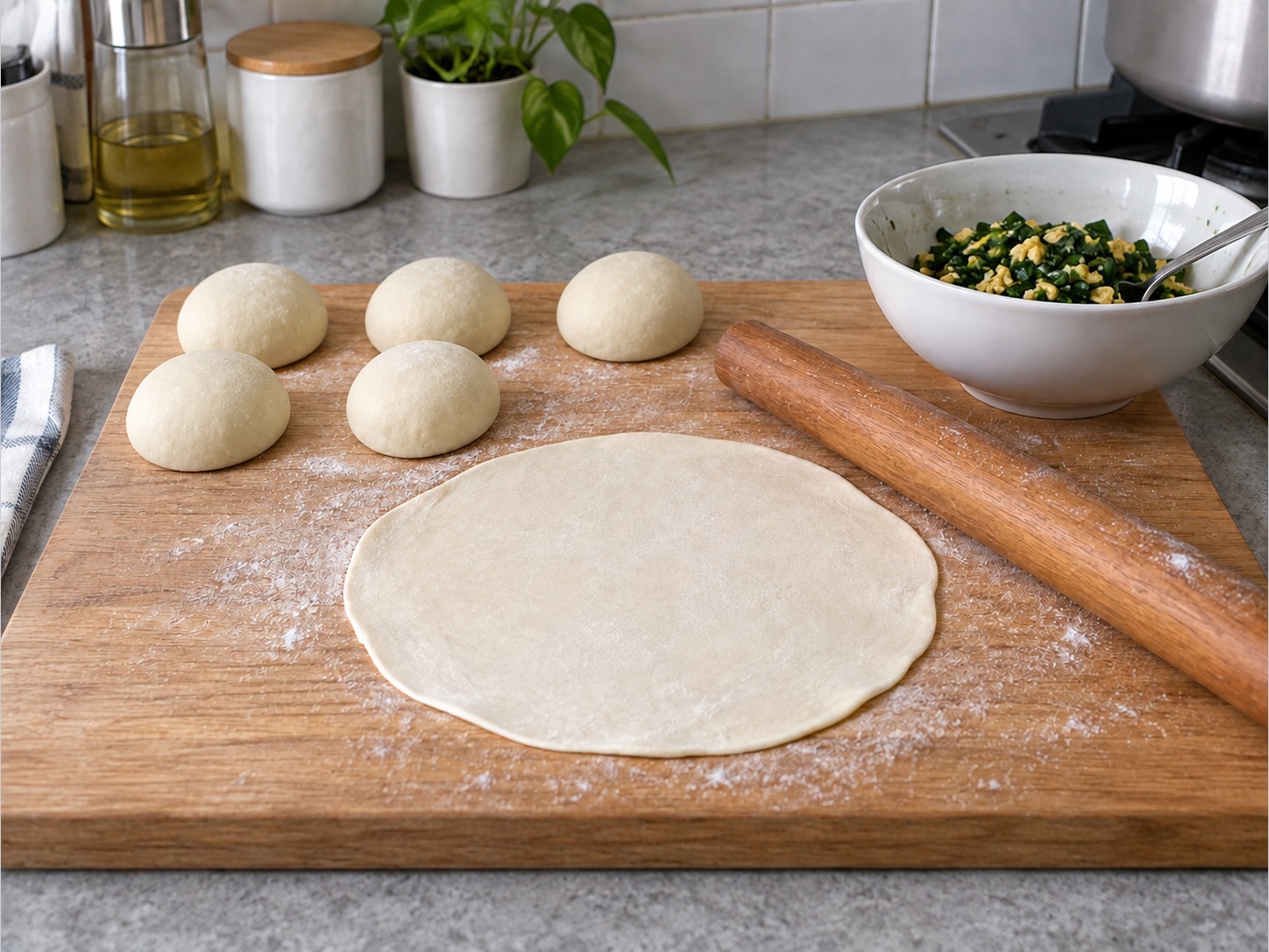 Chinese Chive and Egg Pockets — Roll each into an eighteen-centimetre round with thinner edges