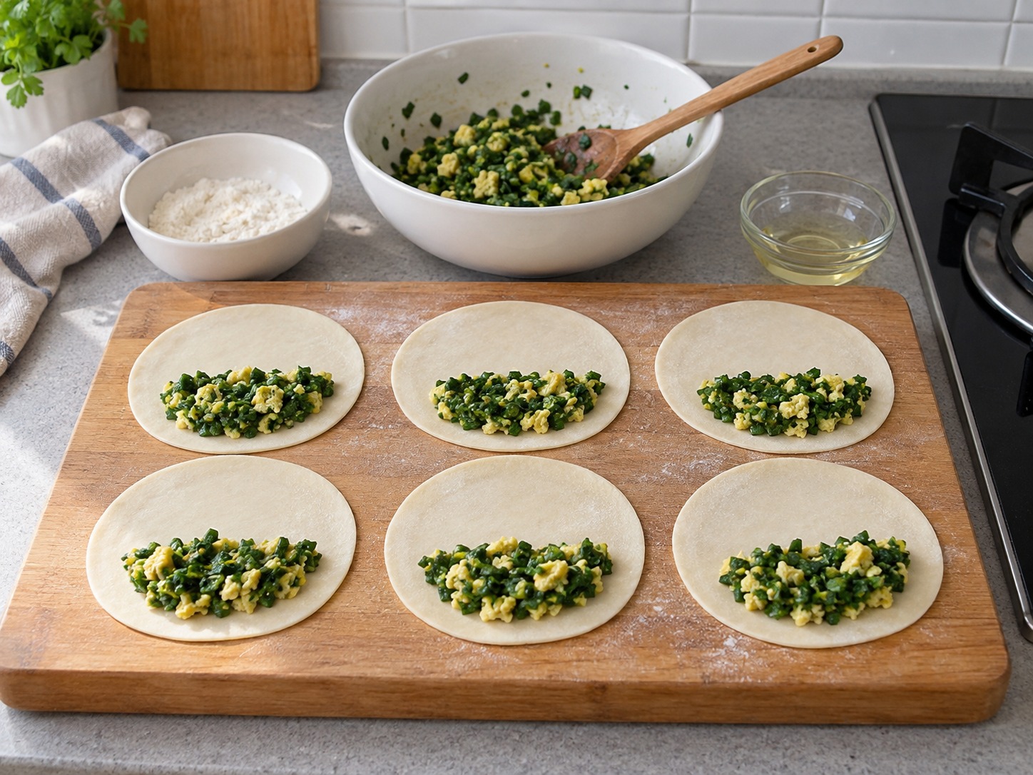 Chinese Chive and Egg Pockets — Put a sixth of filling on half each round, leaving a one-centimetre border
