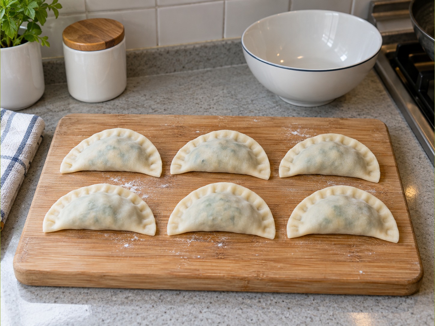 Chinese Chive and Egg Pockets — Fold into half-moons, push out air and pinch edges firmly