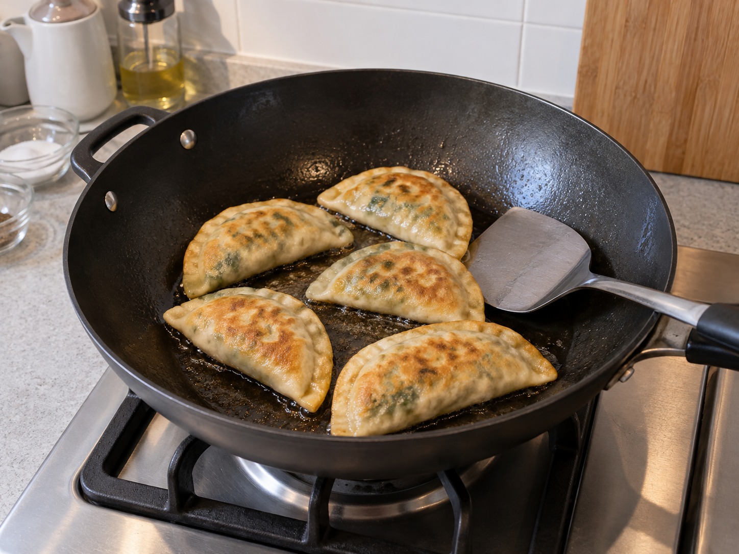 Chinese Chive and Egg Pockets — Add some remaining oil; fry in batches over medium-low heat four to five minutes per side