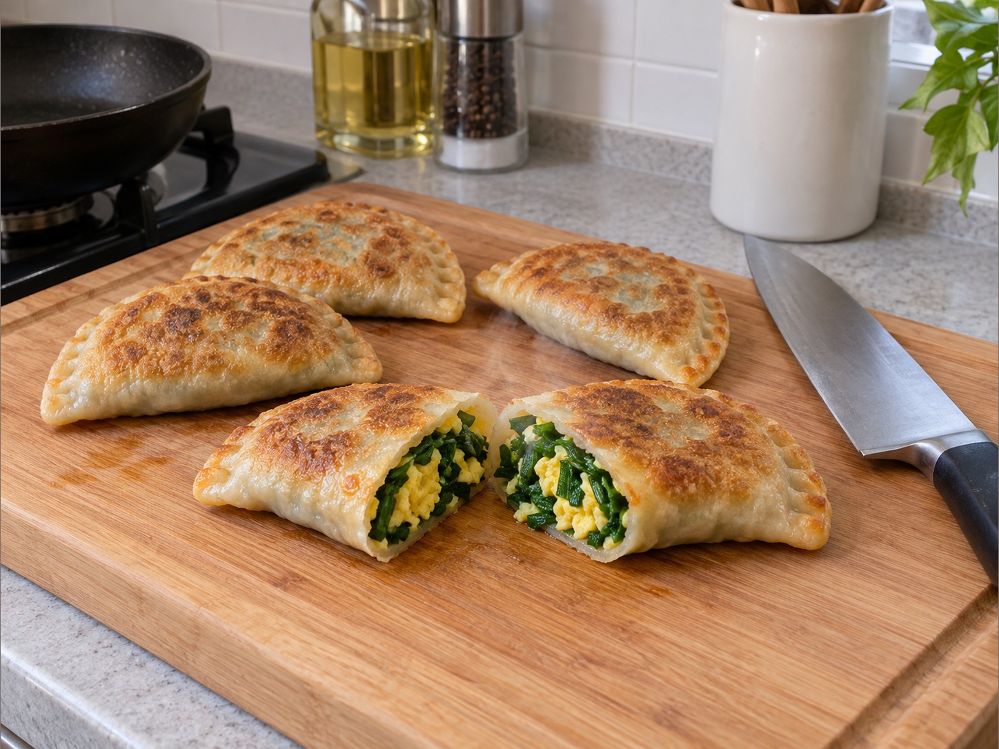 Chinese Chive and Egg Pockets — Cut one open; dough must have no raw flour and filling must be piping hot; cook longer if needed