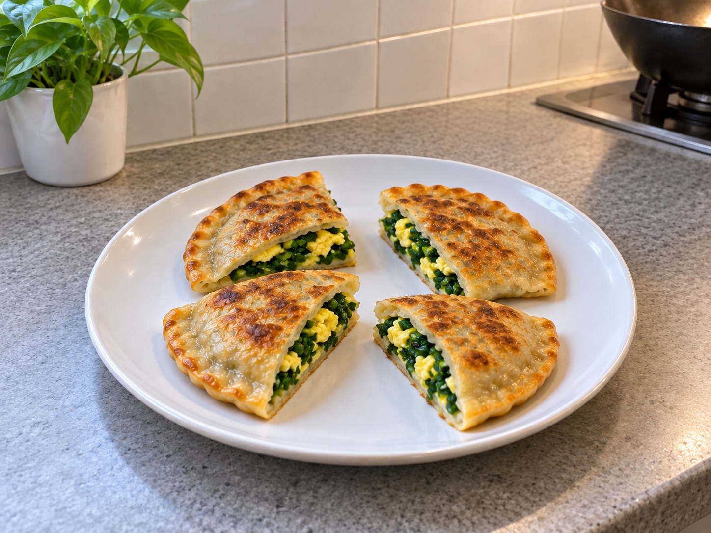 Chinese Chive and Egg Pockets — Plate cooked pockets, cool slightly and halve for sharing