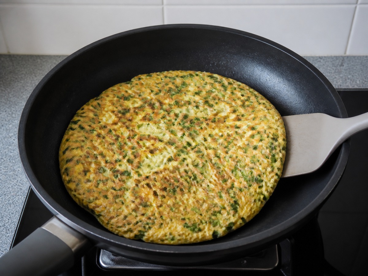 Chinese Chive Omelette: Turn and cook the other side