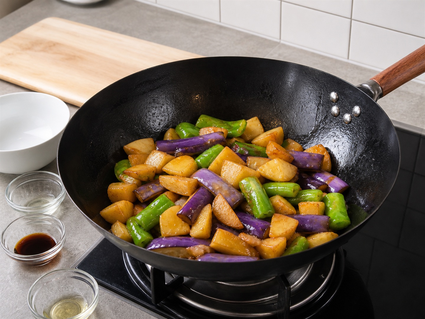 Chinese Di San Xian na Talong, Patatas at Bell Pepper — Pagsamahin ang gulay
