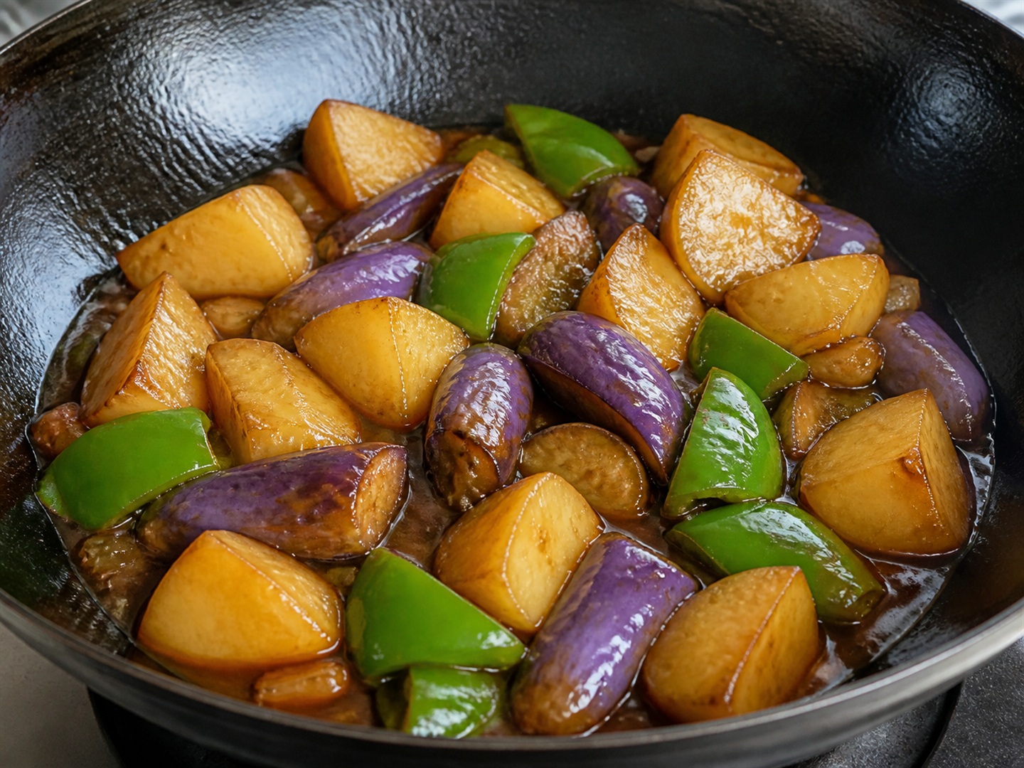 Chinese Di San Xian na Talong, Patatas at Bell Pepper — Palaputin ang sarsa