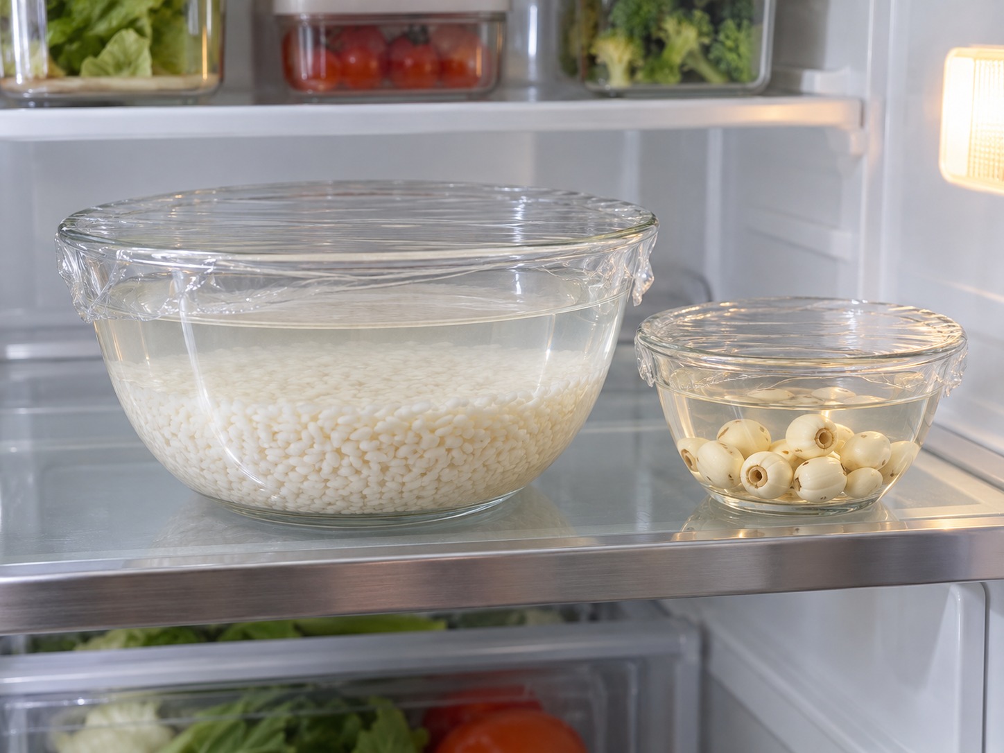 Eight Treasure Sweet Glutinous Rice — Rinse and soak rice in the refrigerator for 2 hours; soak lotus seeds separately for 1 hour