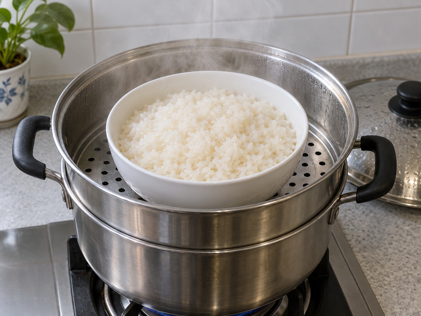 Eight Treasure Sweet Glutinous Rice — Steam over boiling water for 30 minutes until rice is cooked, keeping water in the steamer