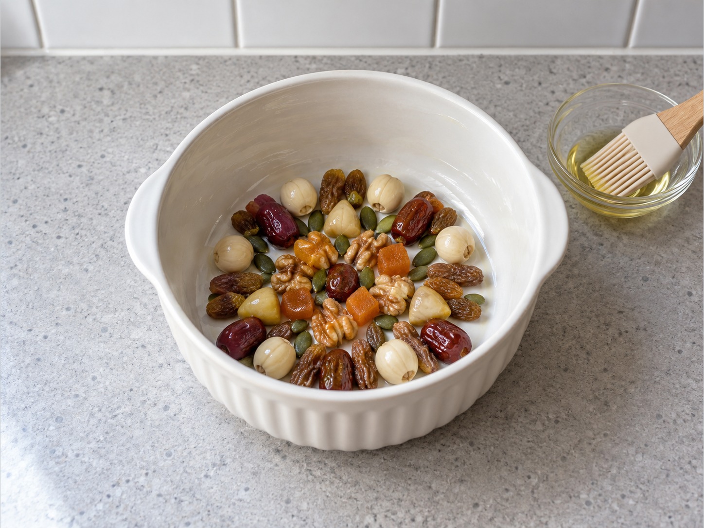 Eight Treasure Sweet Glutinous Rice — Oil another heatproof bowl and arrange lotus seeds, dates, raisins, apricots, chestnuts, walnuts and pumpkin seeds in its base