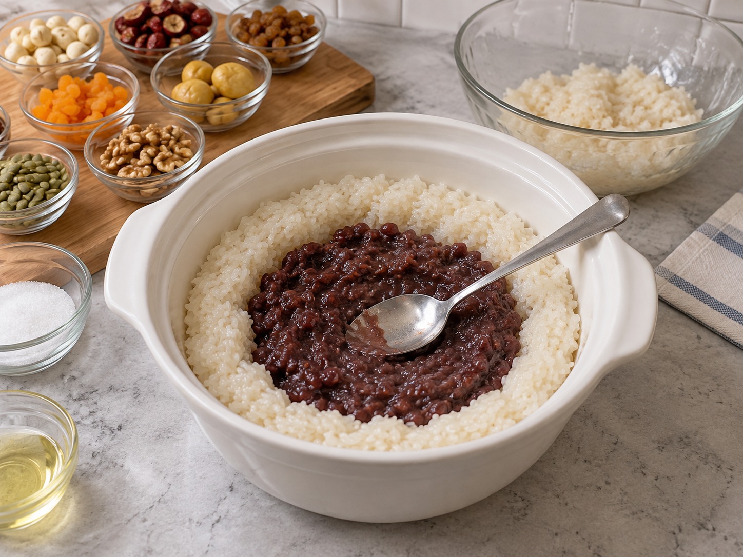 Eight Treasure Sweet Glutinous Rice — Add half the rice, make a hollow and add bean paste clear of the edges