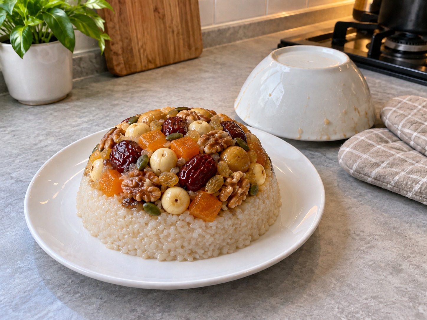 Eight Treasure Sweet Glutinous Rice — Cover the bowl with a serving plate, invert together using gloves and lift off the bowl slowly