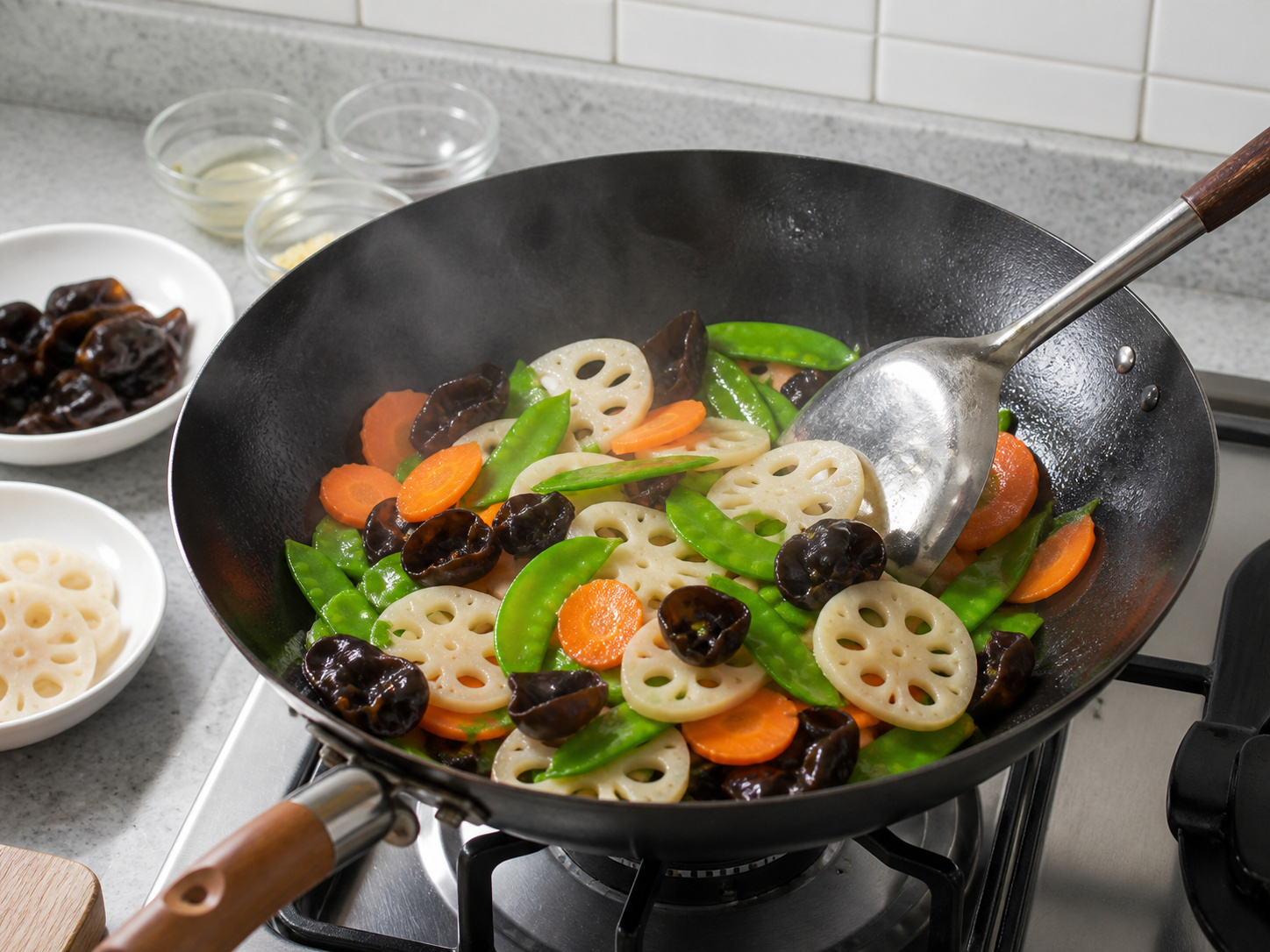 Chinese Lotus Root, Black Fungus and Snow Pea Stir-Fry — Stir-fry the vegetables