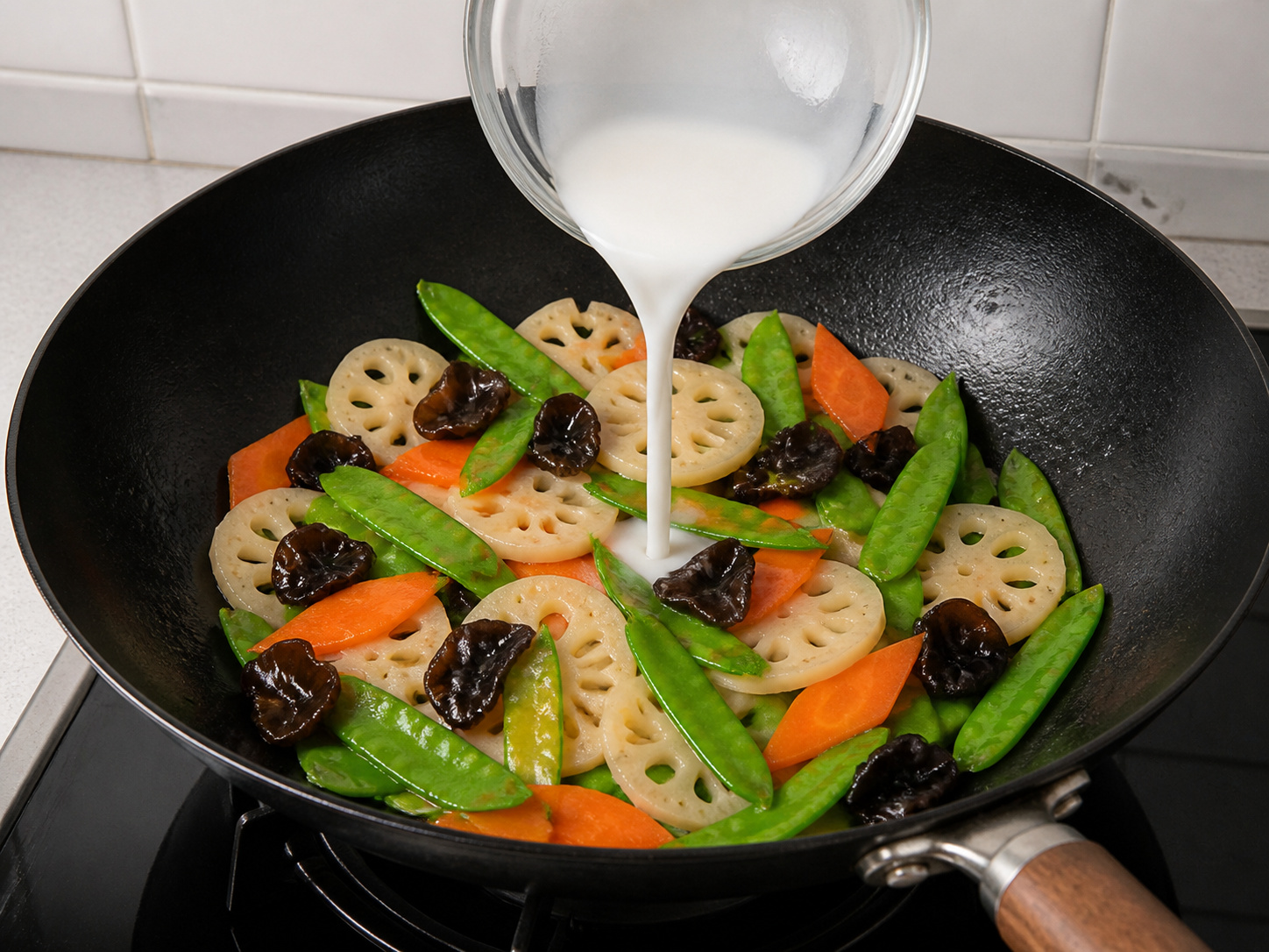 Chinese Lotus Root, Black Fungus and Snow Pea Stir-Fry — Add the slurry
