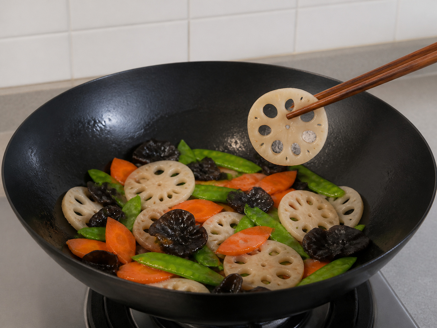 Chinese Lotus Root, Black Fungus and Snow Pea Stir-Fry — Check crispness