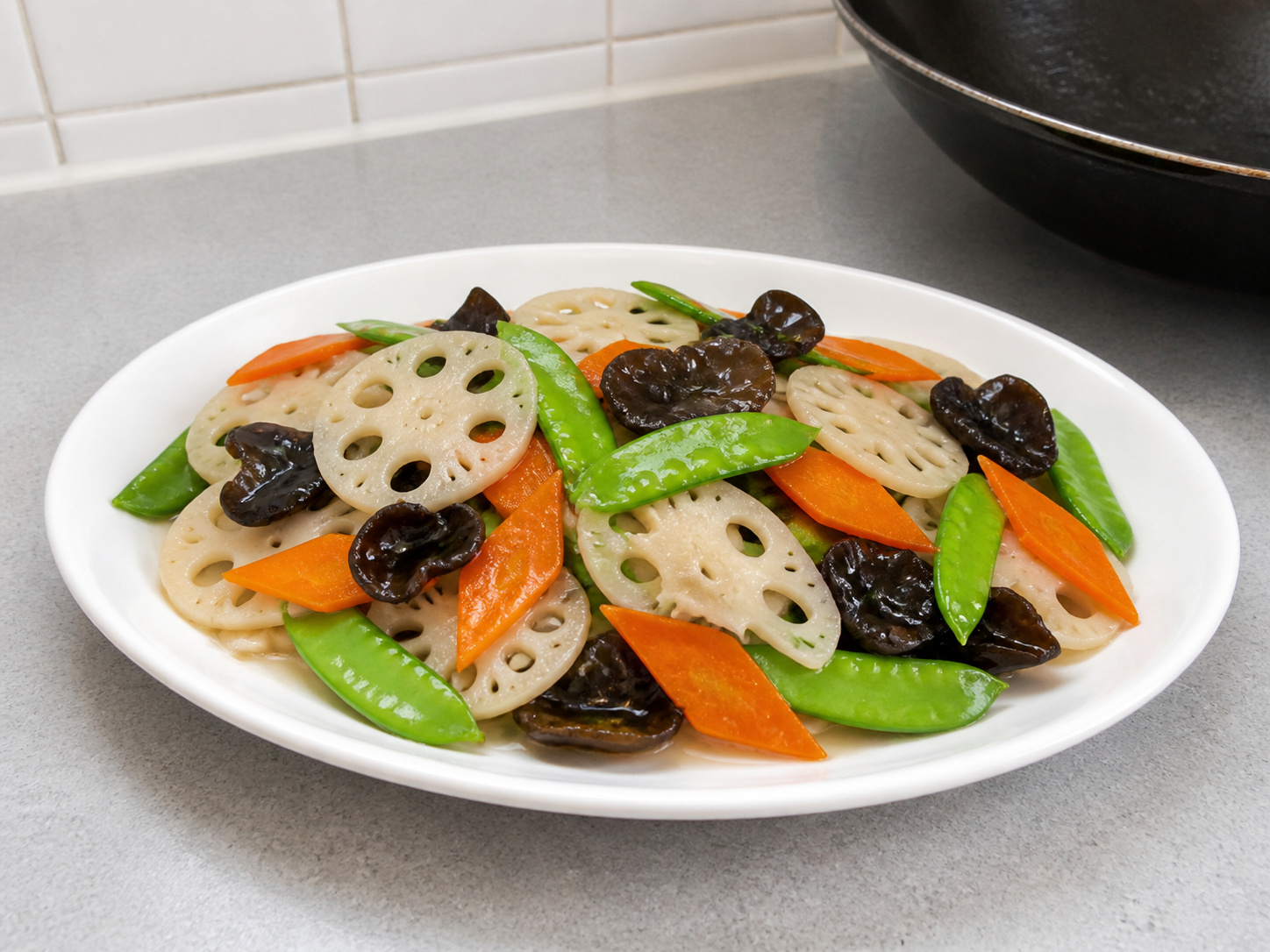 Chinese Lotus Root, Black Fungus and Snow Pea Stir-Fry — Plate and serve
