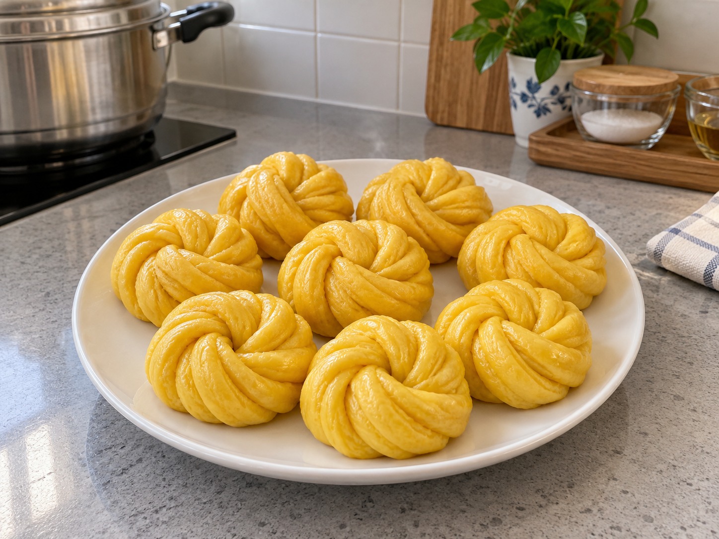 Pinasingawang Pumpkin Flower Rolls — natapos na ulam